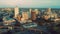 Aerial drone view of downtown Memphis from over the Mississippi River in the evening