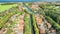 Aerial drone view of Edam town cityscape from above, typical Dutch city skyline with canals and marina, Holland, Netherlands