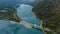 Aerial drone view of Faller-Klamm-Brucke bridge over Silvenstein lake, Karwendel mountain range Alps, Upper Bavaria