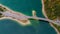 Aerial drone view of Faller-Klamm-Brucke bridge over Silvenstein lake, Karwendel mountain range Alps, Upper Bavaria