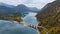 Aerial drone view of Faller-Klamm-Brucke bridge over Silvenstein lake, Karwendel mountain range Alps, Upper Bavaria