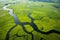 Aerial drone view of green landscape with canals