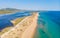 Aerial drone view of Halikounas Beach and Lake Korission, Corfu island, Ionian Sea, Greece