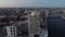 Aerial drone view of Hamburg Hafencity and harbor at sunset. Modern buildings.