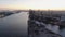 Aerial drone view of Hamburg Hafencity and harbor at sunset. Modern buildings.