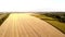 Aerial drone view of harvested mowed golden wheat field with many straw hay bales at warm sun sunset light on summer or