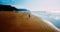 Aerial Drone View Of Healthy Sportive Woman Running On Beach