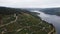 Aerial drone view of high elevation hillside vineyards in Ribeira Sacra