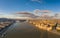 Aerial drone view of Hungarian Parliament and Margaret island in Danube river in Budapest sunset