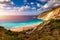 Aerial drone view of iconic turquoise and sapphire bay and beach of Myrtos, Kefalonia Cephalonia island, Ionian, Greece. Myrtos