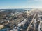 Aerial drone view of industrial area of refractory plant. Fuming pipes of factory