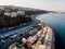 Aerial Drone View of Istanbul Uskudar Seaside with Boats Docked in Cove.