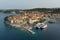 Aerial drone view of Korcula historical old town, Dalmatia, Croatia.