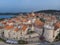 Aerial drone view of Korcula historical old town, Dalmatia, Croatia.