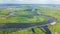 Aerial drone view of Kyiv cityscape, Dnieper and Dniester river, green island from above, Kiev city skyline and parks, Ukraine