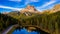 Aerial drone view of Lake Antorno (Lago di Antorno) located in Dolomites area, Belluno Province, Italy. Lake Antorno, Three Peaks