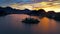 Aerial drone view of Lake Bled with St. Marys Church of the Assumption on the small island; Bled, Slovenia, Europe