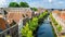 Aerial drone view of Leiden town cityscape from above, typical Dutch city skyline with canals and houses, Holland, Netherlands