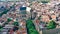 Aerial drone view of Leiden town cityscape from above, typical Dutch city skyline with canals and houses, Holland, Netherlands