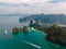 Aerial drone view at the limestone cliffs of Railay Beach Krabi Thailand