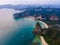 Aerial drone view at the limestone cliffs of Railay Beach Krabi Thailand