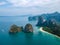 Aerial drone view at the limestone cliffs of Railay Beach Krabi Thailand