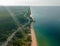 Aerial drone view of local houses near the coastline in Tanjung Jara, Dungun, Terengganu, Malaysia