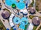 Aerial drone view looking straight down from above colorful summer time fun at water park