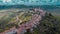 Aerial drone view of magnificent village of Motovun in Croatian Istria on a sunny day with cute fluffy clouds. Idyllic view of