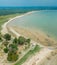 Aerial drone view of many fisherman boats by the coast in Tanjung Kempit, Mersing, Johor, Malaysia.