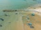 Aerial drone view of many fisherman boats by the coast in Tanjung Kempit, Mersing, Johor, Malaysia.