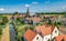 Aerial drone view of Marken island, traditional fisherman village from above, typical Dutch landscape, Holland, Netherlands