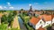 Aerial drone view of Marken island, traditional fisherman village, typical Dutch landscape, North Holland, Netherlands