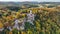 Aerial drone view medieval Lichtenstein castle on mountain, autumn Baden-Wurttemberg, Germany.