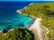 Aerial drone view of Menorca beach at cala de Algariens, Spain