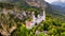 Aerial drone view Neuschwanstein castle on Alps background in vicinity of Munich, Bavaria, Germany, Europe. Autumn