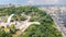 Aerial drone view of new pedestrian cycling park bridge construction, Dnieper river, hills, parks and Kyiv cityscape from above