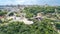 Aerial drone view of new pedestrian cycling park bridge construction, Kyiv cityscape from above, city of Kiev skyline, Ukraine