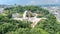 Aerial drone view of new pedestrian cycling park bridge construction, Kyiv cityscape from above, city of Kiev skyline, Ukraine