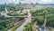 Aerial drone view of new pedestrian cycling park bridge construction, Kyiv cityscape from above, city of Kiev skyline, Ukraine