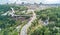 Aerial drone view of new pedestrian cycling park bridge construction, Kyiv cityscape from above, city of Kiev skyline, Ukraine