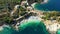 Aerial drone view north east coast with Kanoni, Mpataria and Pipitos beach, Island of Corfu, Greece. Mpataria, Kanoni and Pipitos