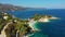 Aerial drone view north east coast with Kanoni, Mpataria and Pipitos beach, Island of Corfu, Greece. Mpataria, Kanoni and Pipitos