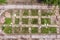 Aerial drone view of old demolished industrial building. Pile of concrete and brick rubbish, debris, rubble and waste of