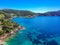 Aerial drone view over Chrisi Milia beach and the rocky surrounded area in Alonnisos island, Sporades, Greece