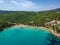 Aerial drone view over Chrisi Milia beach and the rocky surrounded area in Alonnisos island, Sporades, Greece