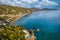 Aerial drone view over Glyfada beach at sunset. Corfu, Greece