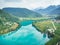 Aerial drone view over Most na Soci lake,Slovenia