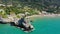 Aerial drone view over Pelekas Kontogialos beach. Corfu, Greece. View of Beach of Kontogialos, Pelekas, Corfu, Greece