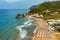 Aerial drone view over western coast and Glyfada beach, Island of Corfu, Greece. Glyfada Beach at Corfu Greece during the day